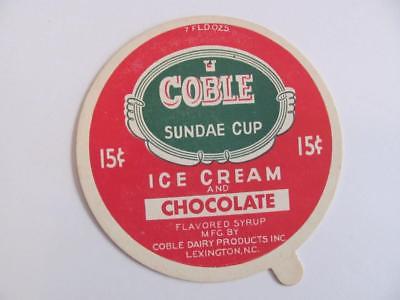 Vintage COBLE DAIRY Sunday Cup Top Cap Lid Ice Cream & Chocolate LEXINGTON NC
