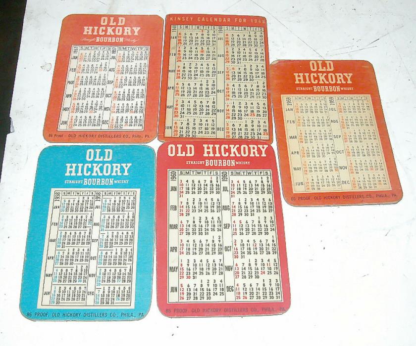 7 Vintage Pocket Calendars Old Hickory Bourbon & Kinsey Whiskey 57 58 59 60 1948