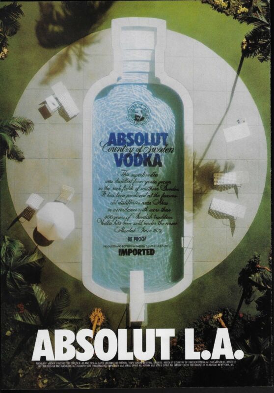 1999 Absolut Vodka L.A.Bottle Swimming Pool Print Ad