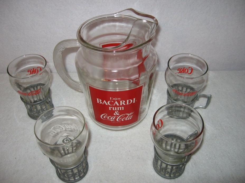 Bacardi Rum & Coke Coca-Cola  Serving Pitcher/Set (4) Glasses & Metal Holders