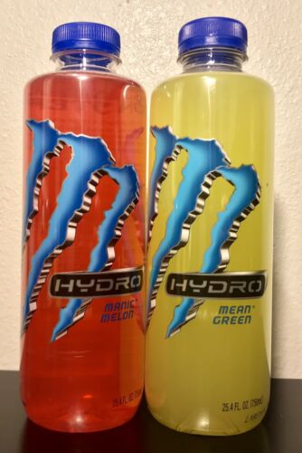 New! Monster Energy Hydro  Manic Melon & Mean Green 25.4 Oz  2 Full Bottles