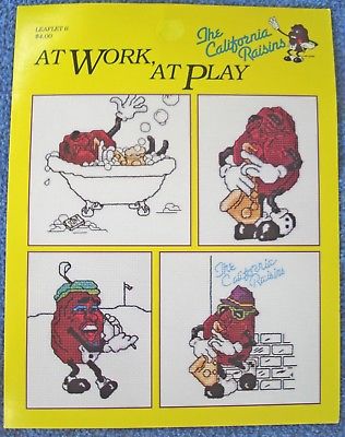 1988 THE CALIFORNIA RAISINS CROSS STITCH LEAFLET PATTERNS - AT WORK-AT PLAY-MINT
