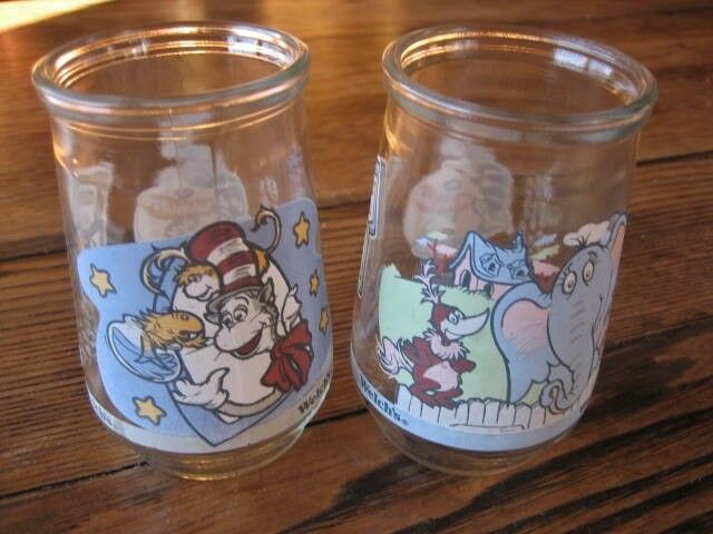 2 Welch's 1996 Wubbulous Dr. Suess Jelly Glass Jars Horton #2 Cat in Hat #6