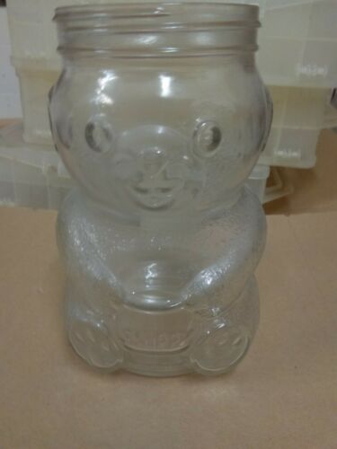 VINTAGE SKIPPY PEANUT BUTTER GLASS BEAR SHAPED JAR NO LID EMPTY NO BREAKS