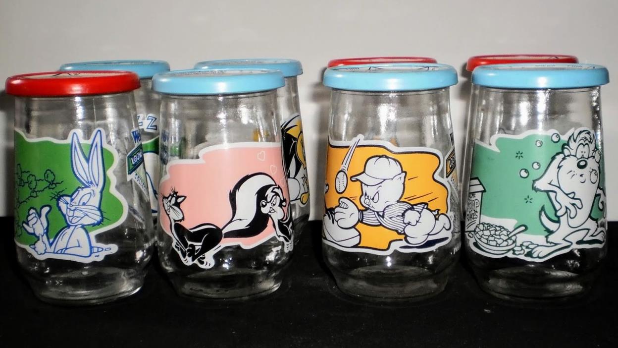 8 Welch's Looney Tunes Jelly Jars w/Lids 1994 Warner  #1 #2 #4 #5 #6 #7 #10 #11