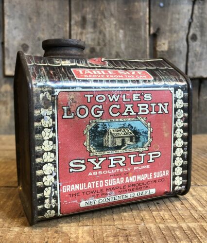 Early Antique TOWEL’S Log Cabin Maple Syrup 12oz Tin Litho Advertising Can