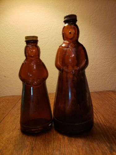 2 Vintage Mrs. Butterworth's Aunt Jemima Amber Glass Syrup Bottles
