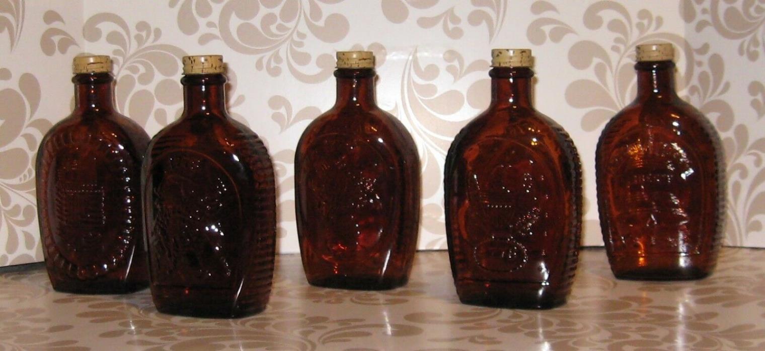 Old Bicentennial Log Cabin syrup glass flask bottle lot o 5 of the series w/lids