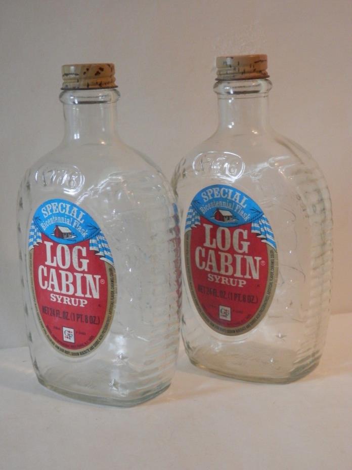 Vintage Log Cabin Syrup Bottles Patriotic 24 oz. with Labels Bicentennial Flask