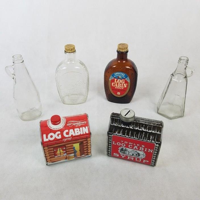 Vintage Log Cabin Maple Syrup Bottles Tins Bank Clear Brown Glass 1940s - 1987