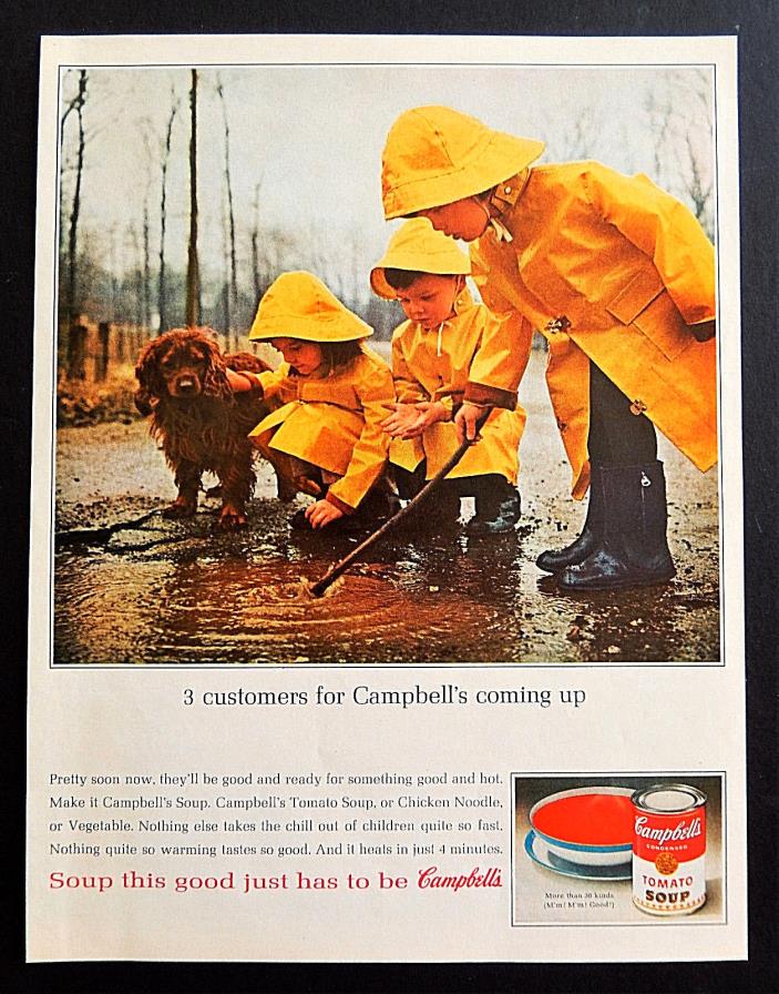 Vtg 1963 Campbells Tomato soup dog kids mud puddle advertisement print ad art