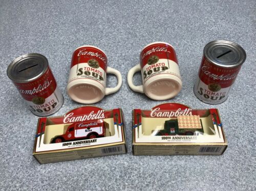 Set Of 6 Campbell Soup Collection-mugs, Banks, Diecast Trucks