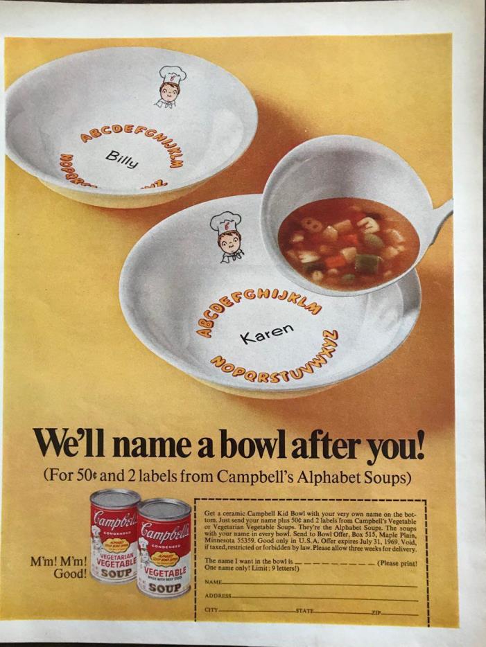 ORIGINAL 1968 Campbell's Soup Alphabet Soups Ad Monogrammed Bowl Offer