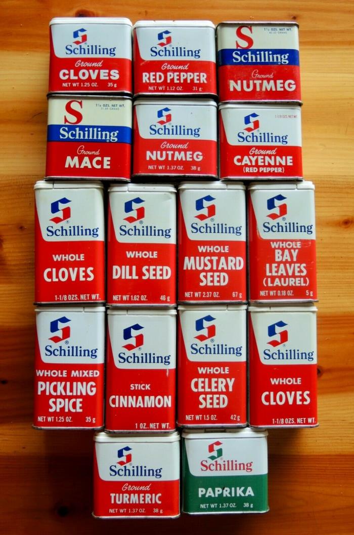 Lot of 16 Vintage Schilling Spice Tins