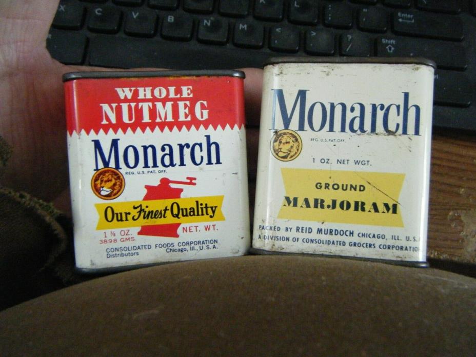 2 RARE Vintage Tins  of Monarch SPICES  WHOLE NUTMEG, GROUND MARGORAM