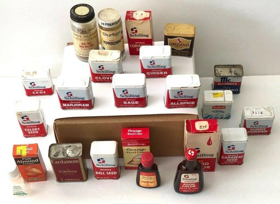 Vintage spice tins and products both McCormick & Shilling