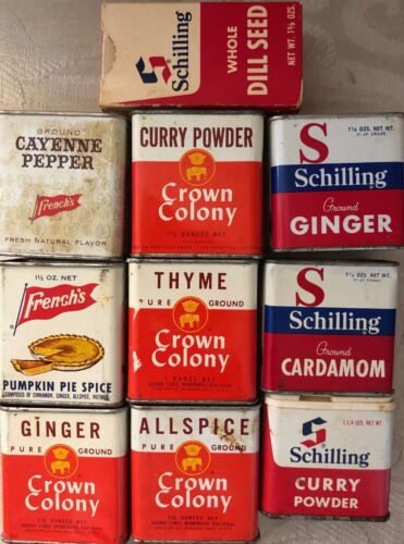 Lot of 10 Spice Tins French's Shilling Crown Colony