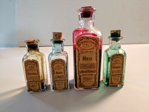 ANTIQUE/RARE LOT (4) CPC PERFECTION CONCENTRATED COLORING CORK TOP BOTTLES