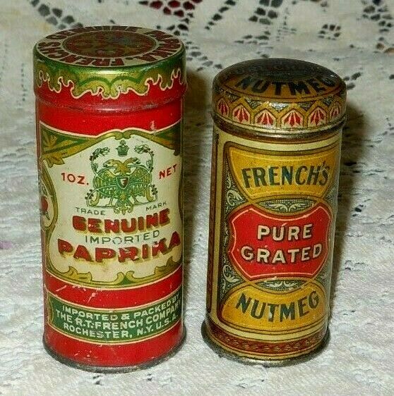 2 Vintage FRENCH'S GENUINE PAPRIKA & GRATED NUTMEG Round Spice Tins