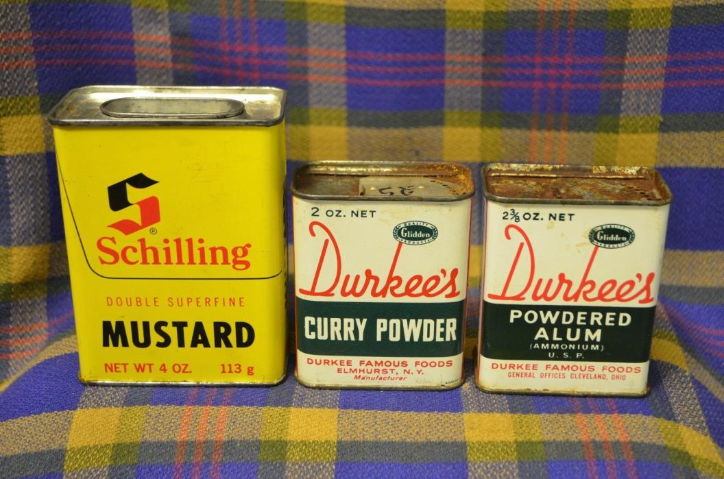 Group of 3 Vtg Metal Spice Tins-Yellow Schilling Mustard 7 2 DURKEE's Curry Powd