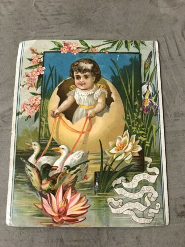 Vintage Woolson Spice Easter Greeting Embossed Girl Riding Egg Swans Victorian-S