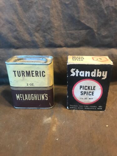 Vintage McLaughlins Turmeric Tin Standby Pickle Spice Box Full