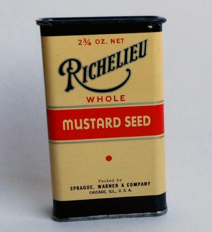 Vintage Richelieu Whole Mustard Seed Sliding Top Tin Sprague Warner Co. Chicago