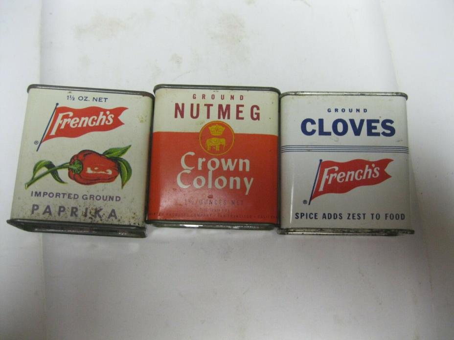 3 VINTAGE SPICE TINS FRENCH'S PAPRIKA, CROWN COLONY NUTMEG, AND FRENCH'S CLOVES