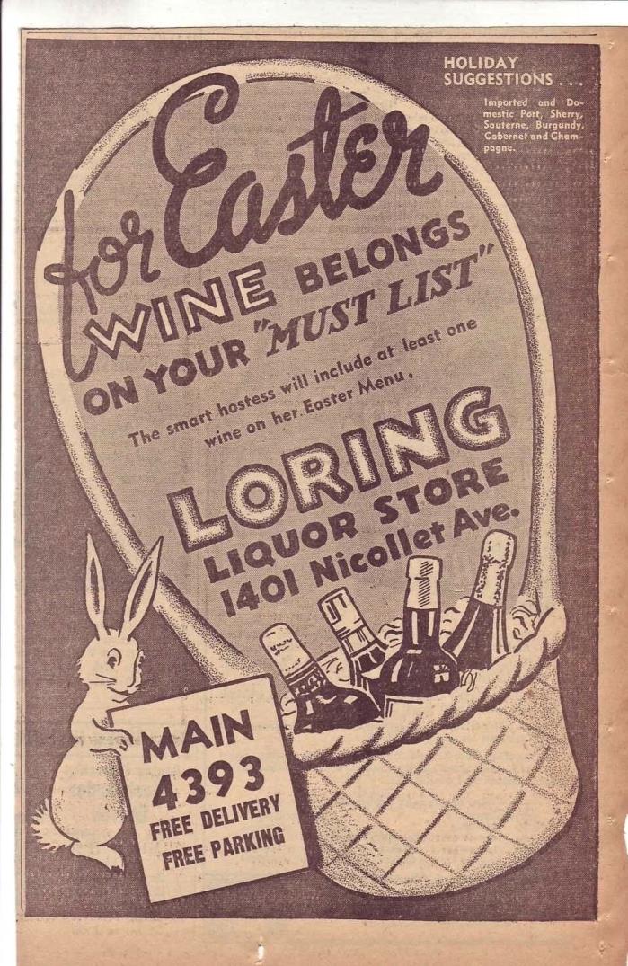 1940 newspaper ad for Wine - for Easter, bunny & wine in Easter basket