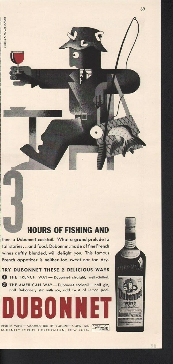 1938 BONNET WINE BOTTLE FISH SPORT POLE REEL ALCOHOL 14734