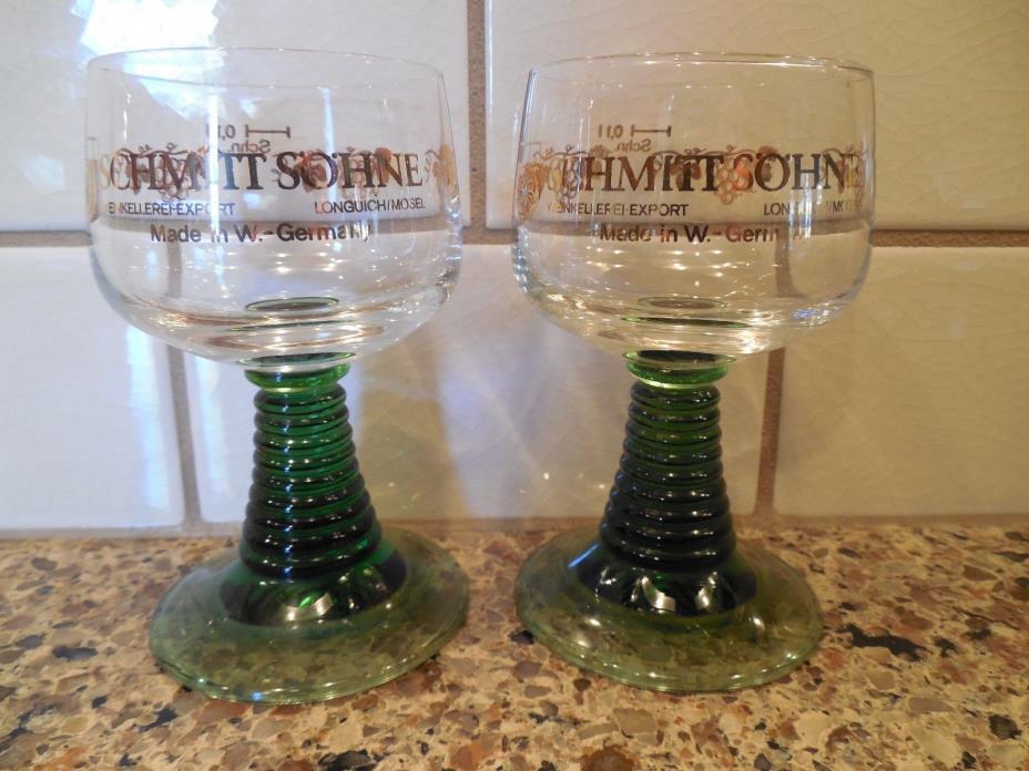 Pair Vintage SCHMITT SOHNE Green Stem Wine Goblet Glasses Gold Accents Germany
