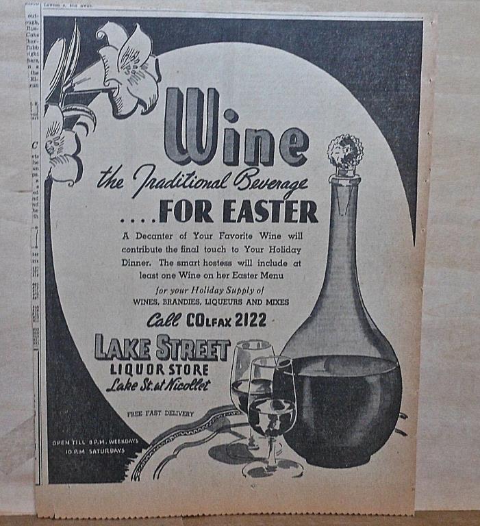 1940 newspaper ad for Wine - The Traditional Beverage for Easter, wine decanter