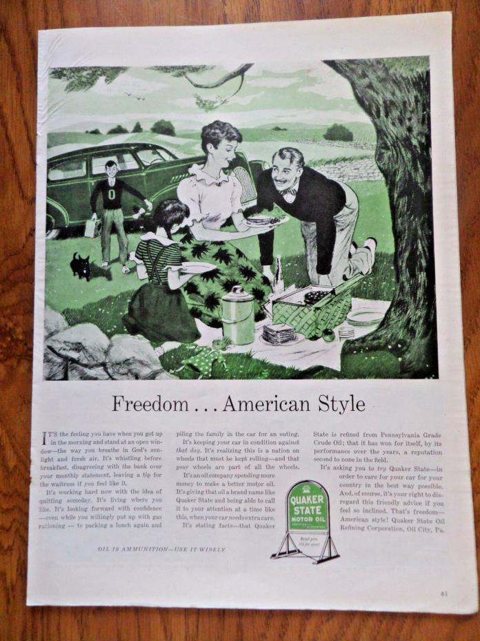 1944 Quaker State Oil Ad  Family on a Picnic  Freedom American Style