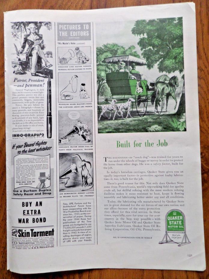1944 Quaker State Oil Ad Dalmatian Dogs Horse & Buggy