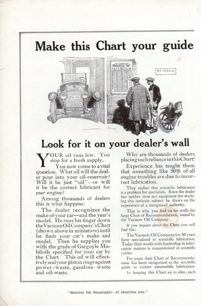 1917 Vintage print ad auto car part Gargoyle Mobileoils motor oil chart 2 page