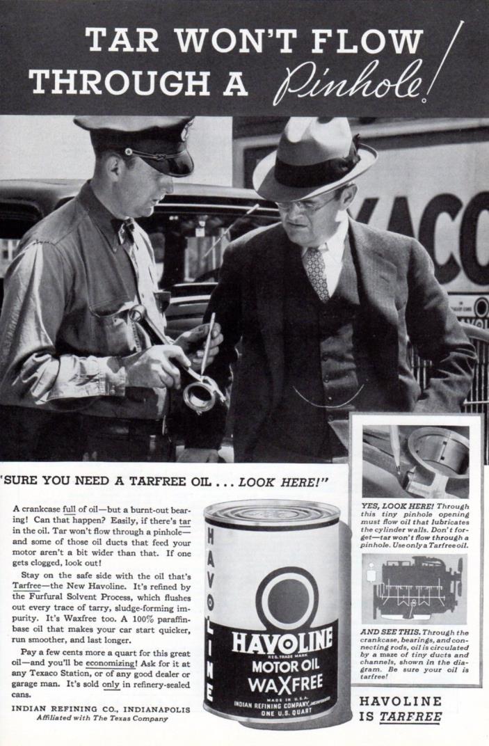 1935 Vintage print ad auto car part Havoline Motor Oil mechanic Pinhole