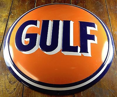 GULF OIL & GAS COMPANY HIGHLY EMBOSSED DOME BUTTON SHAPED METAL ADVERTISING SIGN