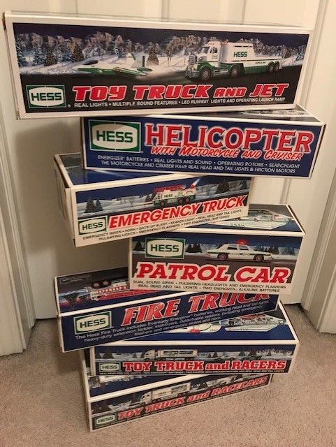 24 HESS TRUCKS HELICOPTER FIRE TRUCK RACE CAR MONSTER RARE YELLOW FLAT BED LOT