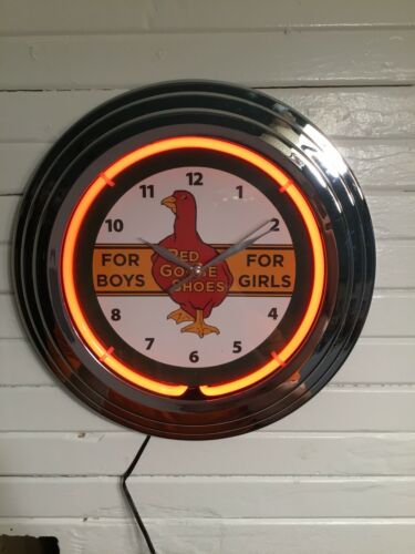 RED GOOSE SHOE 12” ROUND NEON CLOCK LIGHTED SIGN NIB.