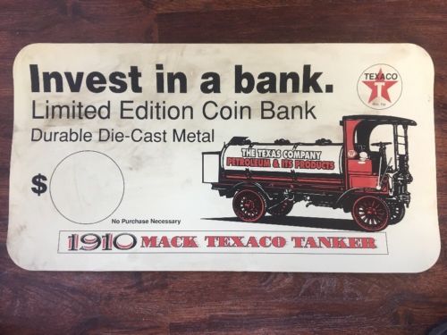 TEXACO ADVERTISING STORE DISPLAY SIGN 1910 MACK TANKER DIE-CAST TRUCK BANK 24X12