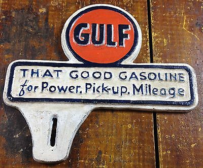 GULF GASOLINE OIL GAS STATION ADVERTISING CAST IRON LICENSE PLATE SIGN TOPPER