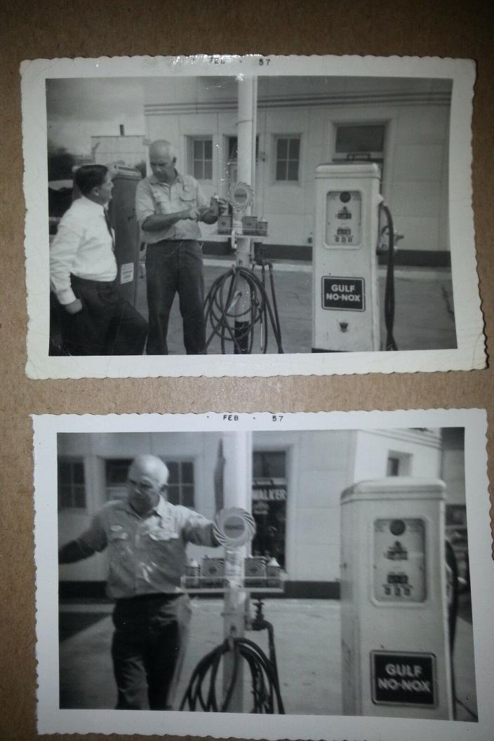 2 Vintage 1957 Photos Gulf Station Attendant No-Nox Pump Detroit Michigan