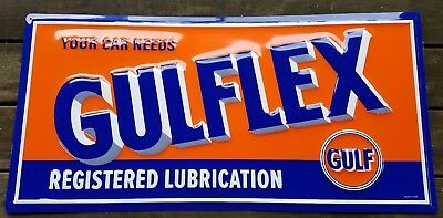 YOUR CAR NEEDS GULFLEX LUBRICATION HIGHLY EMBOSSED METAL ADVERTISING GULF SIGN