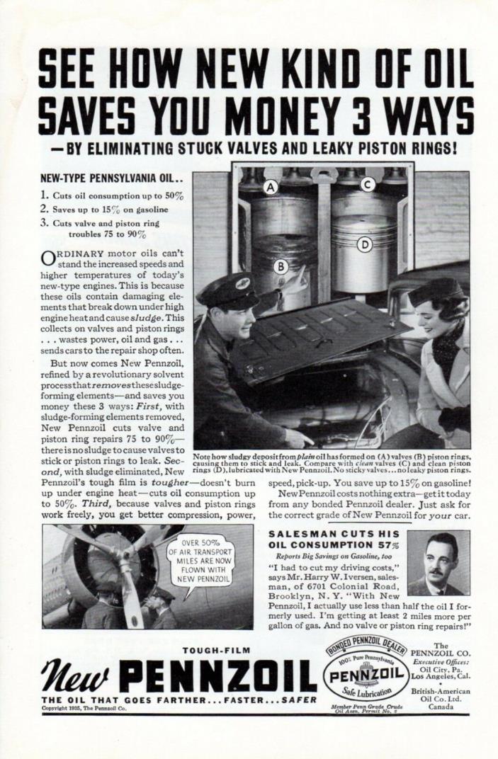 1935 Vintage print ad auto car part Pennzoil Motor Oil or Johns Manville insulat