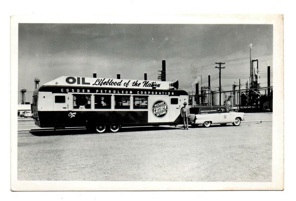 Rare RPPC photo postcard COSDEN PETROLEUM ADVERTISING TRAILER gas oil 1950s OK