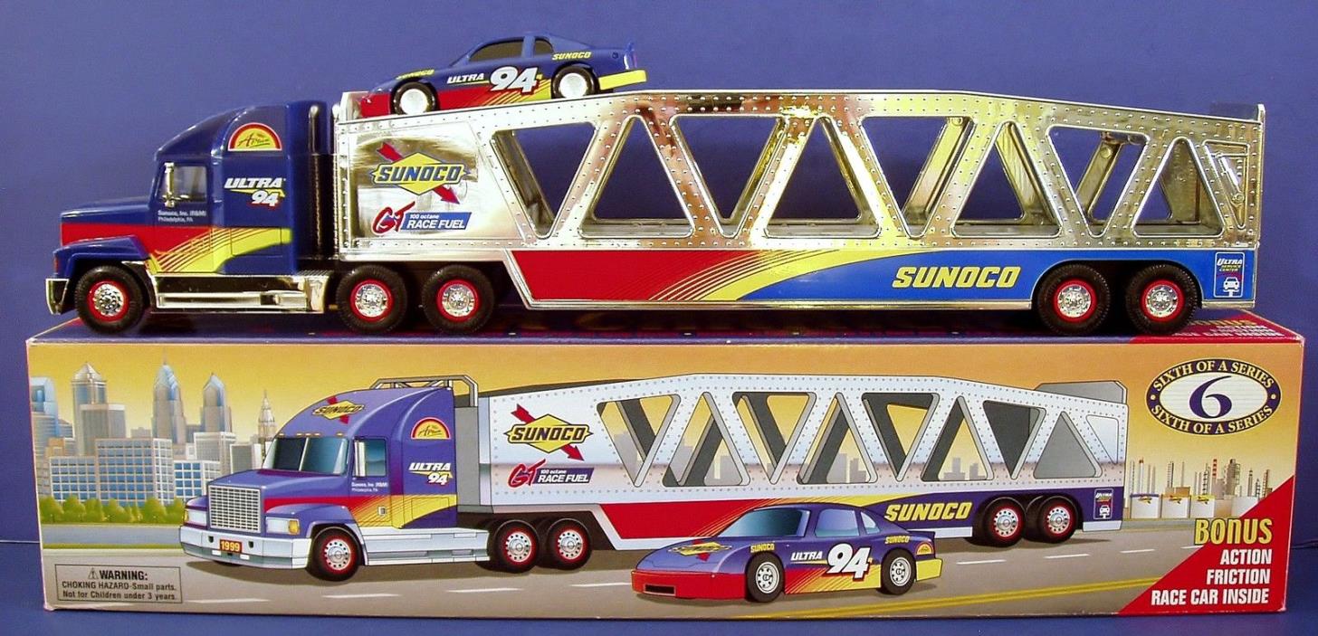 New 1999 Promotional Sunoco Car Carrier Truck Friction Race Car 18 Wheeler