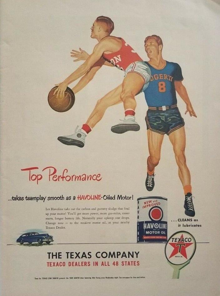 Texaco Havoline Oil Basketball Players Top Performance 1940s Art Print Ad