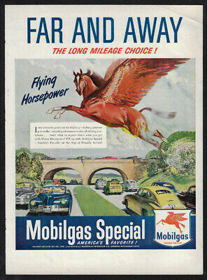 Vintage 1949 MOBILGAS Pegasus Ad - Flying Horse Power - The Long Mileage Choice