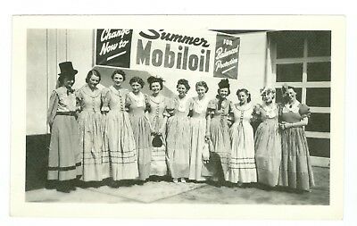 1950’s Summer Mobiloil Gasoline Photo, Young Women in Vintage Dresses