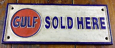 GULF SOLD HERE CAST IRON ADVERTISING PLAQUE OR SIGN GAS STATION MEMORABILIA